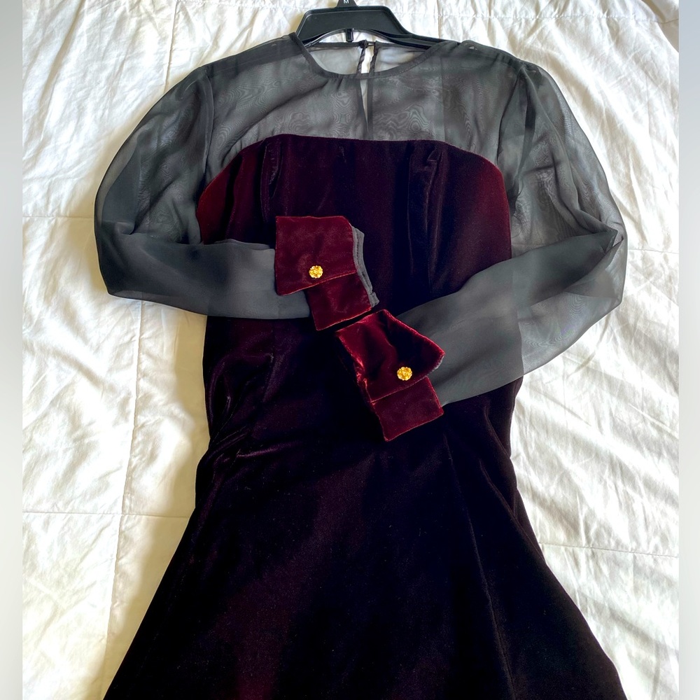 Red velvet dress with mesh sleeves